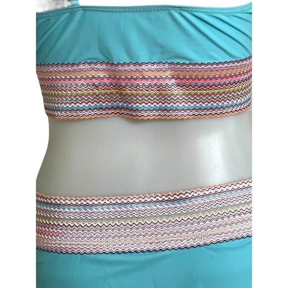 NWOT.Sky Blue Striped Patchwork Spaghetti Strap High Waist Bikini Swimsuit Size - Picture 5 of 11